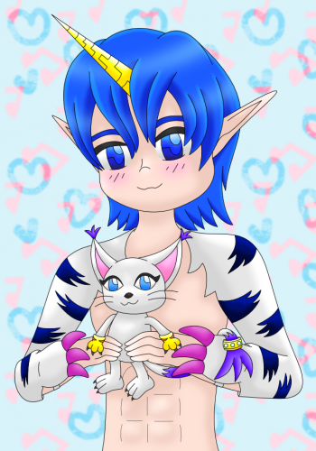 Gabumon Kaito with Gatomon plushie